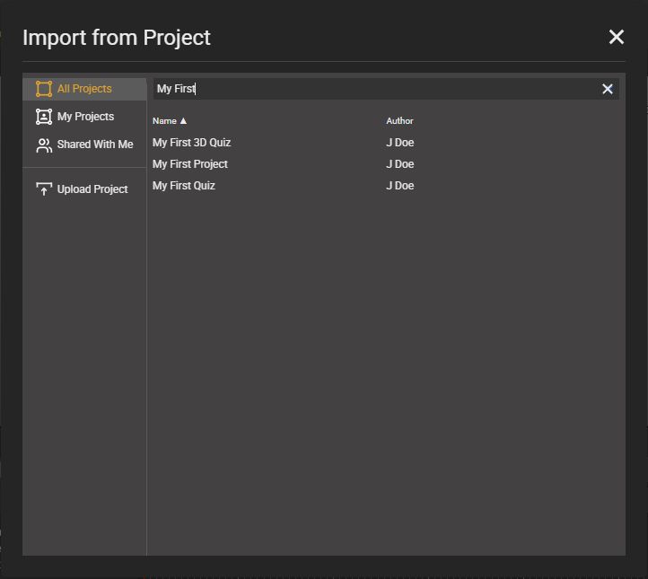 Import from Project dialog filtered to sample source projects