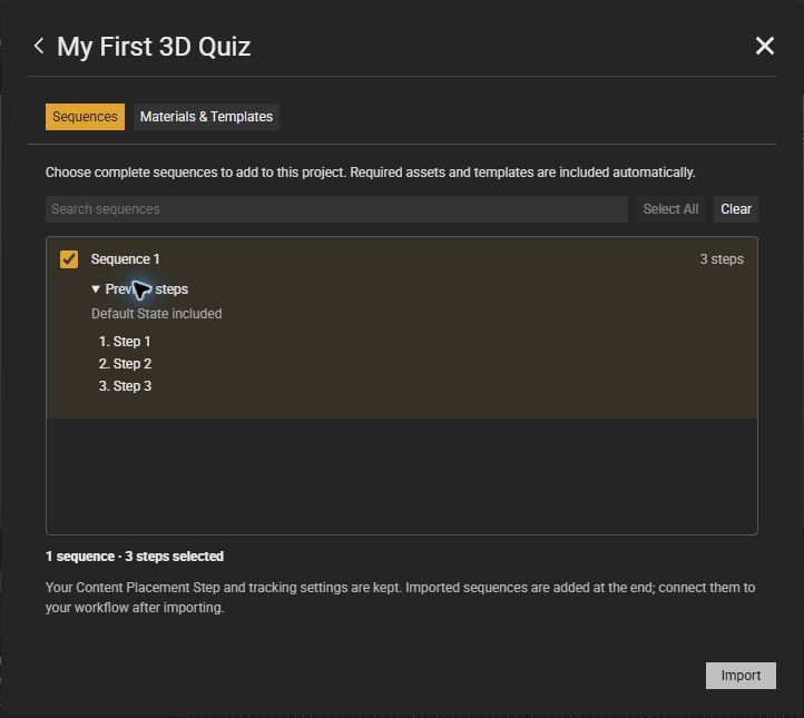 Sequences tab showing a selected sequence, its Default State, and a preview of three steps