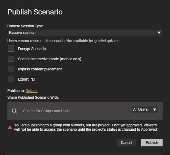 Publish Scenario window showing the Export PDF checkbox and Publish button